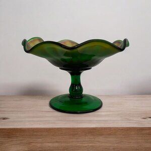 Fenton Green Stretch Glass Compote • Ruffled Edge Pedestal Dish